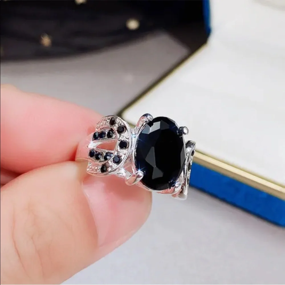 New Elegant 925 Silver Jewelry Fashion Women Black Sapphire Ring - Picture 3 of 6
